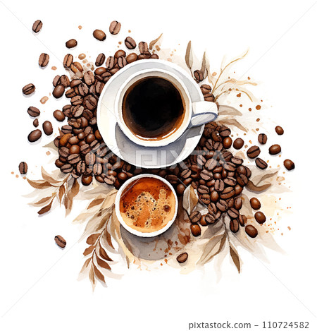 coffee Flatlay watercolor on white background 110724582