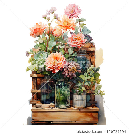 an light colors watercolor illustration a very few old wooden boxes piled up with two flowers in high 110724594