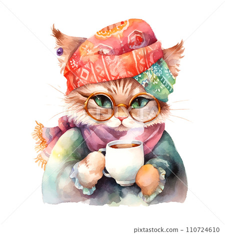 cat in the turban with a cup of coffee watercolor on white background 110724610