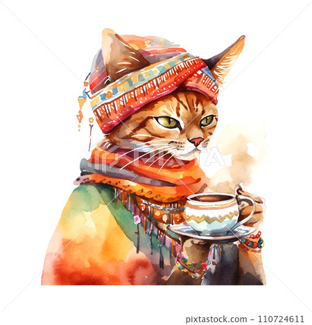cat in the turban with a cup of coffee watercolor on white background 110724611