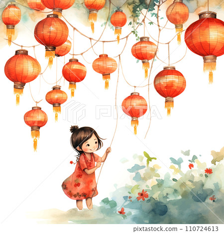 Chinese lanterns children's book illustration style on white background 110724613
