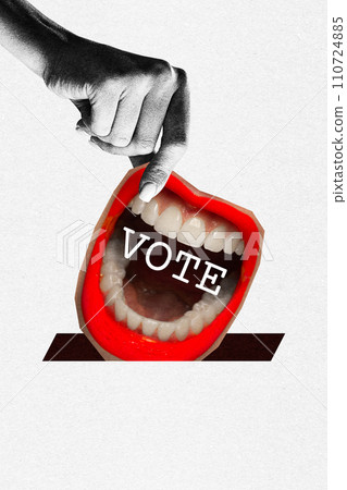 Contemporary art collage. Monochrome female hand puts her colorful mouth to white voting box as voting ballot. Grainy fabric effect. Contemporary art collage. Monochrome female hand puts her colorful mouth to white voting box as voting ballot. Grainy fabric effect. 110724885