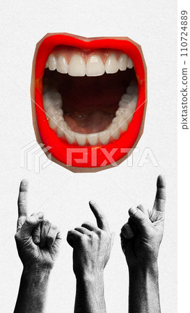 Contemporary art collage. black and white hands pointing to loudly shouting female mouth, symbolizing protest. Grainy fabric effect. 110724889