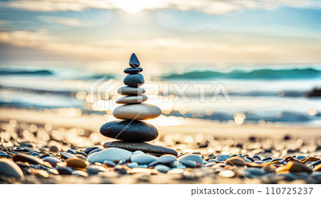 Balanced pebble pyramid silhouette on the beach with the ocean in the background Balanced pebble pyramid silhouette on the beach with the ocean in the background 110725237