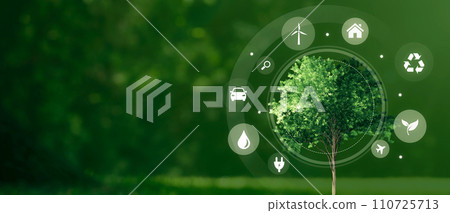 Eco symbols around green tree. Ecology concept 110725713