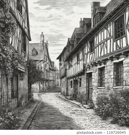 French medieval street, ancient houses, black and white drawing, retro style engravings French medieval street, ancient houses, black and white drawing, retro style engravings 110726045