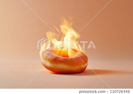 Burning sweet donut, doughnut on fire. Hot baked roll in flames, junk food, burning calories, weight loss and healthy diet concept. Burn fat, fit motivation, discipline, regime, healthy food choices Burning sweet donut, doughnut on fire. Hot baked roll in flames, junk food, burning calories, weight loss and healthy diet concept. Burn fat, fit motivation, discipline, regime, healthy food choices 110726348