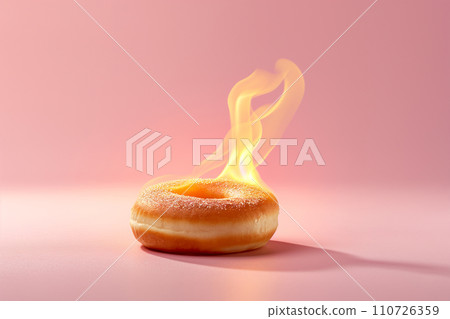 Burning sweet donut, doughnut on fire. Hot baked roll in flames, junk food, burning calories, weight loss and healthy diet concept. Burn fat, fit motivation, discipline, regime, healthy food choices 110726359
