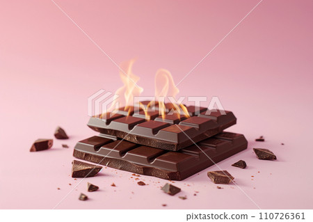 Burning chocolate bar, chocolate on fire. Hot block of chocolate in flames. Burning calories, weight loss and healthy diet concept. Burn fat, fit motivation, discipline, regime, healthy food choices Burning chocolate bar, chocolate on fire. Hot block of chocolate in flames. Burning calories, weight loss and healthy diet concept. Burn fat, fit motivation, discipline, regime, healthy food choices 110726361