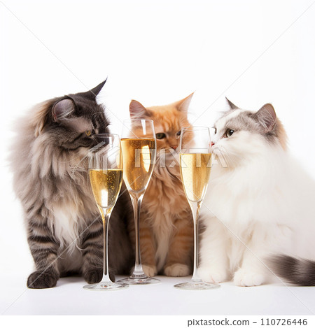 Holiday, anniversary, birthday, congratulations, cats clink glasses of champagne, close-up on white, creative congratulatory background Holiday, anniversary, birthday, congratulations, cats clink glasses of champagne, close-up on white, creative congratulatory background 110726446