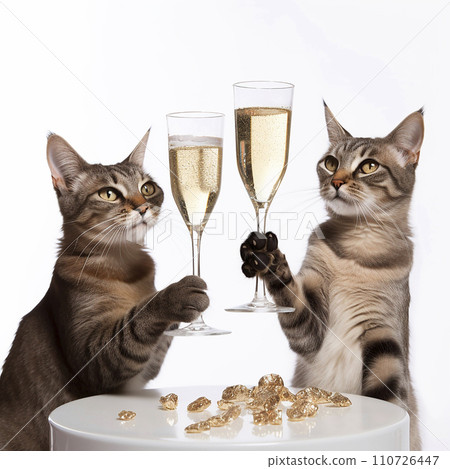 Holiday, anniversary, birthday, congratulations, two cats clink glasses of champagne, close-up on white, creative congratulatory background Holiday, anniversary, birthday, congratulations, two cats clink glasses of champagne, close-up on white, creative congratulatory background 110726447