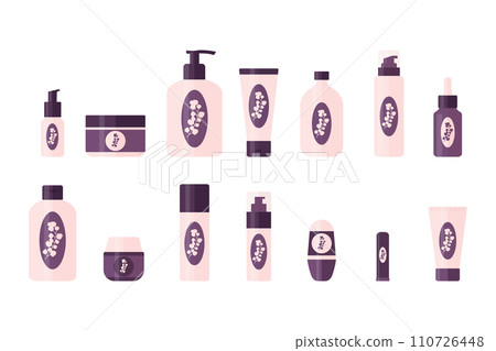 Set of cosmetic products for daily routine. Cleansing gel, foam, toner, face serum, cream, lotion, deodorant and lip balm for skin care. Vector illustration Set of cosmetic products for daily routine. Cleansing gel, foam, toner, face serum, cream, lotion, deodorant and lip balm for skin care. Vector illustration 110726448