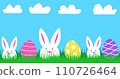 Happy Easter banner with three funny white rabbits and colorful Easter eggs. Easter cute bunny in green grass. Festive decoration in bright colors 110726464