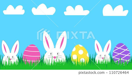 Happy Easter banner with three funny white rabbits and colorful Easter eggs. Easter cute bunny in green grass. Festive decoration in bright colors 110726464