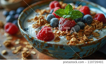 Morning Nourishment: A Culinary Masterpiece Unfolds in a Close-Up of a Yogurt Bowl with Mixed Berries, Granola, and Chia Seeds Morning Nourishment: A Culinary Masterpiece Unfolds in a Close-Up of a Yogurt Bowl with Mixed Berries, Granola, and Chia Seeds 110726481