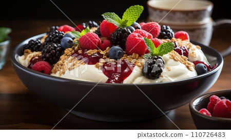 Wellness Bowl: Embark on a Culinary Journey with a Close-Up of a Yogurt Bowl Featuring Mixed Berries, Granola, and Chia Seeds Wellness Bowl: Embark on a Culinary Journey with a Close-Up of a Yogurt Bowl Featuring Mixed Berries, Granola, and Chia Seeds 110726483