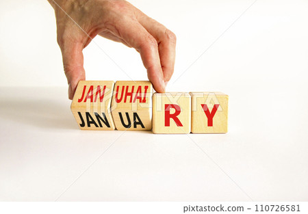 Januhairy or January symbol. Concept words Januhairy or January on beautiful wooden blocks. Beautiful white table white background. Man hand. Social issues Januhairy or January concept. Copy space. 110726581