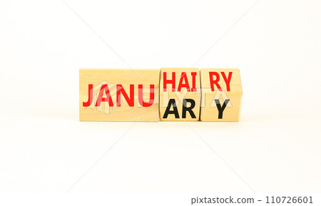 Januhairy or January symbol. Concept words Januhairy or January on beautiful wooden blocks. Beautiful white table white background. Social issues Januhairy or January concept. Copy space. 110726601