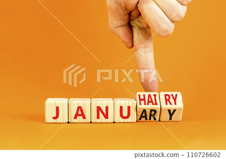 Januhairy or January symbol. Concept words Januhairy or January on beautiful wooden blocks. Beautiful orange table orange background. Man hand. Social issues Januhairy or January concept. Copy space. Januhairy or January symbol. Concept words Januhairy or January on beautiful wooden blocks. Beautiful orange table orange background. Man hand. Social issues Januhairy or January concept. Copy space. 110726602