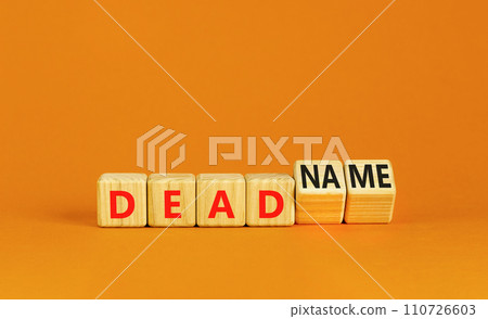 Deadname or name symbol. Concept words Deadname or Name on beautiful wooden blocks. Beautiful orange table orange background. Business, deadname or name concept. Copy space. Deadname or name symbol. Concept words Deadname or Name on beautiful wooden blocks. Beautiful orange table orange background. Business, deadname or name concept. Copy space. 110726603