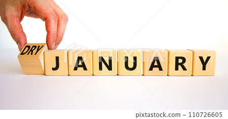 Dry January challenge symbol. Concept words Dry January on beautiful wooden cubes. Beautiful white table white background. Businessman hand. Dry January healthy lifestyle concept. Copy space. Dry January challenge symbol. Concept words Dry January on beautiful wooden cubes. Beautiful white table white background. Businessman hand. Dry January healthy lifestyle concept. Copy space. 110726605