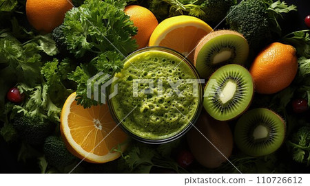 Nutrient-Rich Delight: Dive into a Detailed Composition of a Green Smoothie, Bathed in Morning Sunlight, Surrounded by Sliced Fruits 110726612