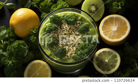 Sunlit Nutrition: Immerse Yourself in the Healthy Glow of a Top-Down Green Smoothie, Adorned with Sliced Fruits for a Refreshing Start 110726614