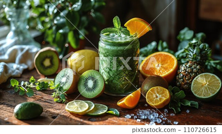 Detox Delight: Embrace the Detailed Beauty of a Green Smoothie, Illuminated by Morning Sunlight, Enriched with Sliced Fruits 110726615