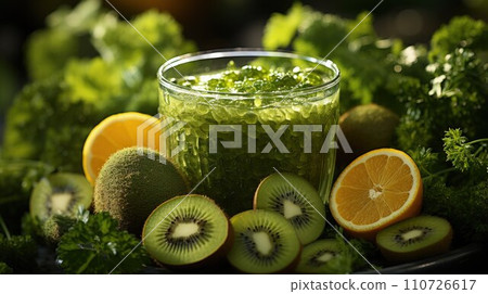 Morning Boost: Immerse in the Energizing Aura of a Green Smoothie, Captured in Detail with Sliced Fruits and Morning Sunlight Morning Boost: Immerse in the Energizing Aura of a Green Smoothie, Captured in Detail with Sliced Fruits and Morning Sunlight 110726617