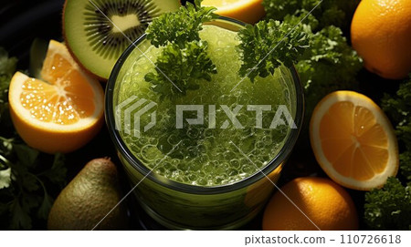 Healthy Glow: A Detailed Composition of a Green Smoothie, Showered in Morning Sunlight, Surrounded by Sliced Fruits for Nutritional Delight 110726618