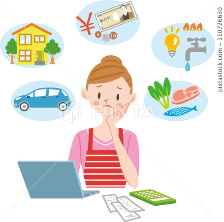 A housewife who keeps a household account book in the red and has trouble with expenses. 110726630