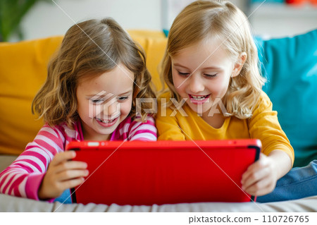 Joyful Children Engaged in Tablet Talk 110726765