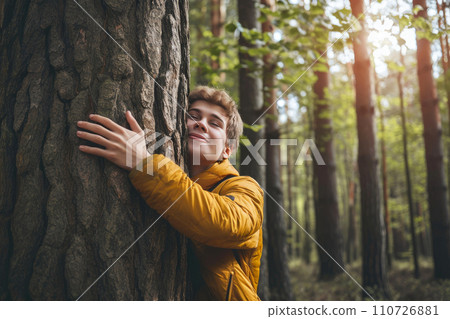 Sustainable Hug: A Teenager Embracing Nature's Beauty 110726881