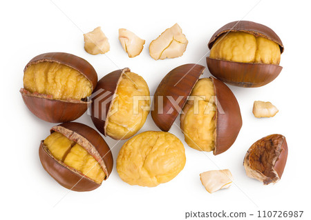 roasted peeled chestnut isolated on white background wit full depth of field. Top view. Flat lay roasted peeled chestnut isolated on white background wit full depth of field. Top view. Flat lay 110726987