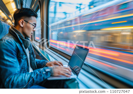 Connected on the Go: Asian Men Engaged in Remote Work on a Moving Train 110727047