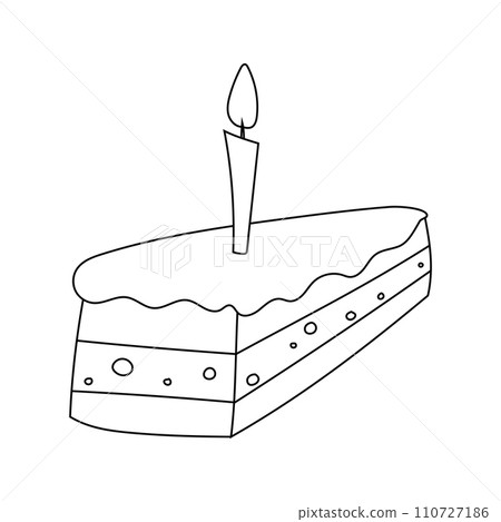Slice of birthday cake with candles, doodle black and white vector illustration of a piece of sweet treat. Slice of birthday cake with candles, doodle black and white vector illustration of a piece of sweet treat. 110727186