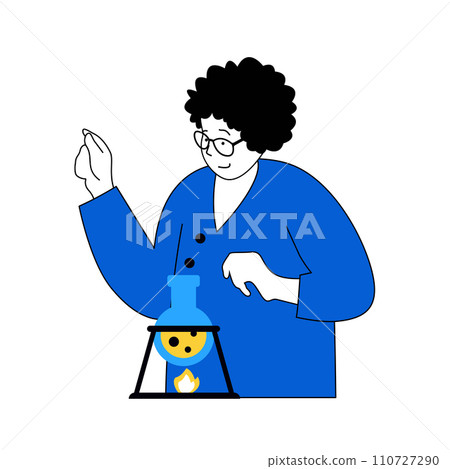 Science laboratory concept with cartoon people in flat design for web. Scientist researching chemical reaction in flask with burner. Vector illustration for social media banner, marketing material. 110727290