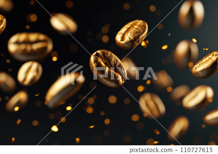 Golden Elegance: Coffee Beans in Flight Golden Elegance: Coffee Beans in Flight 110727615
