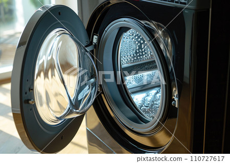 Contemporary Laundry Scene: Open-Door Black Washer Contemporary Laundry Scene: Open-Door Black Washer 110727617