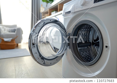 Chic Laundry Spaces: Contemporary Washer on Parquet Floor Chic Laundry Spaces: Contemporary Washer on Parquet Floor 110727683