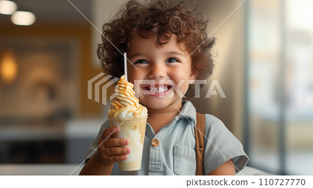 AI-generated content. Happy curly-haired child holding a creamy swirled ice cream drink with a broad smile 110727770