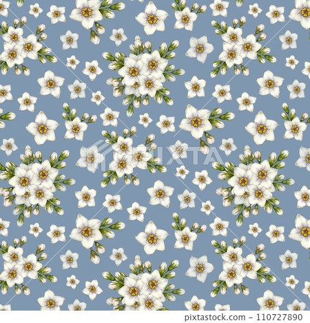 Beautiful watercolor seamless pattern of white forget-me-not flowers for Easter, wedding, Mother's, Valentine's Day, birthday, spring and summer fabrics, clipart, stickers, wallpapers, templates 110727890