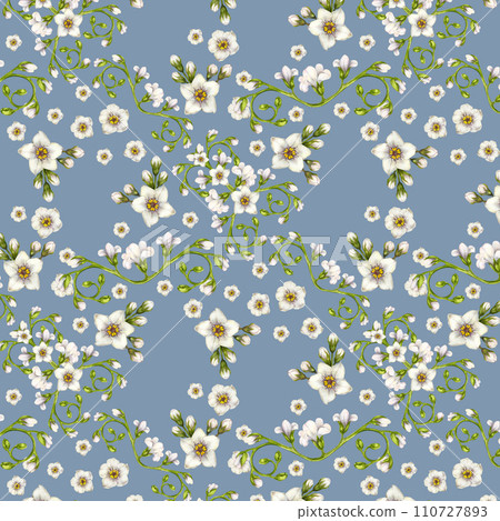 Beautiful watercolor seamless pattern of white forget-me-not flowers for Easter, wedding, Mother's, Valentine's Day, birthday, spring and summer fabrics, clipart, stickers, wallpapers, templates 110727893
