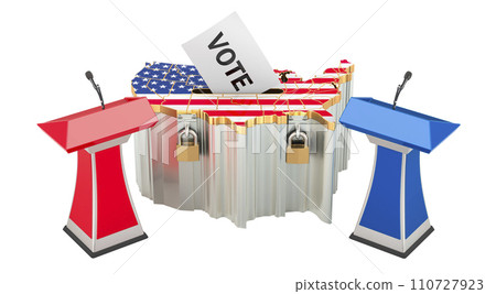 USA debate, concept with ballot box and tribunes. 3D rendering USA debate, concept with ballot box and tribunes. 3D rendering 110727923