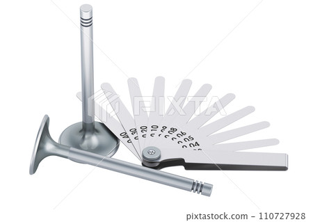 Engine intake valves with feeler gauge, metric offset valve thickness gauge. 3D rendering Engine intake valves with feeler gauge, metric offset valve thickness gauge. 3D rendering 110727928