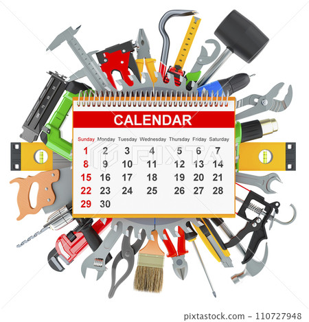 Set of Construction Tools with desk calendar. Planning of Maintenance and Repair Work concept, 3D rendering 110727948