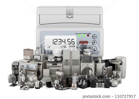 Electric meter with household and kitchen appliances, 3D rendering 110727957
