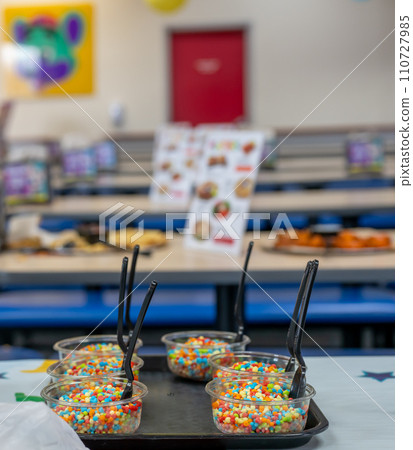 Flash frozen ice cream balls in a single serving cup tray for a party Flash frozen ice cream balls in a single serving cup tray for a party 110727985