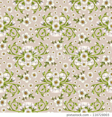 Beautiful watercolor seamless pattern of white forget-me-not flowers for Easter, wedding, Mother's, Valentine's Day, birthday, spring and summer fabrics, clipart, stickers, wallpapers, templates 110728003