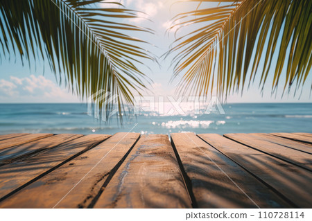 Empty wooden table with tropical beach theme in background. Generative AI 110728114